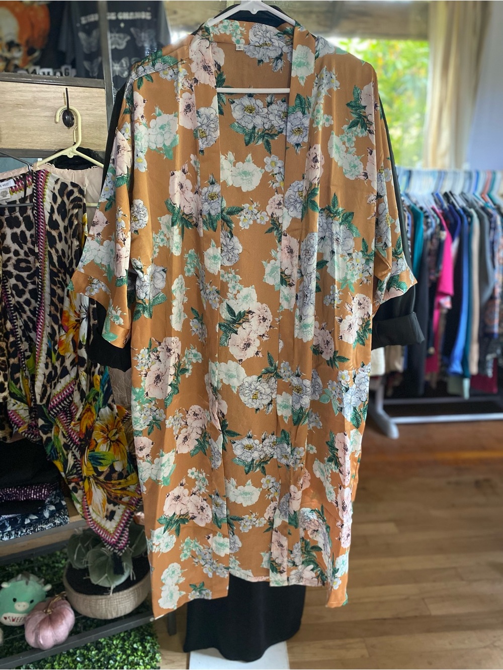 Floral Kimono in Tan with White Blossoms